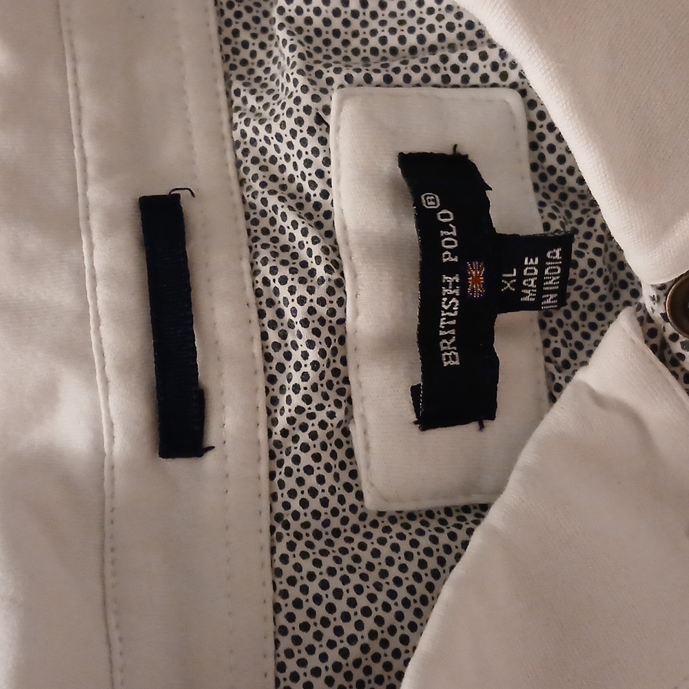 British Polo Shirt long sleeve white with black and white polkadot trim XL